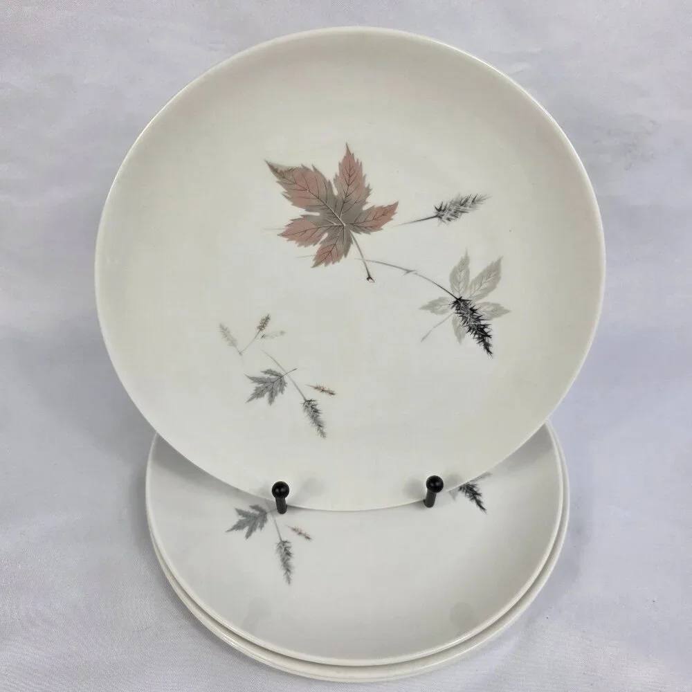 FOUR Royal Doulton Tumbling Leaves Salad Plates Gray & Pink Leaves